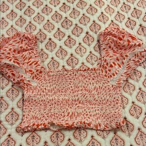 Women’s red, white and pink pattern smocked crop top with puffy sleeves